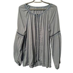 New Directions Womens Light Blue Long Sleeve Blouse With Embroidered Size L
